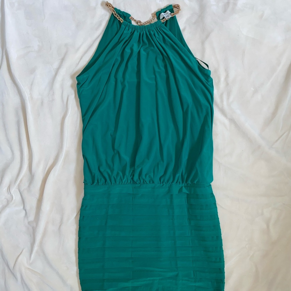 Cache Green Halter Midi Dress/ Gold Chain Straps Gem